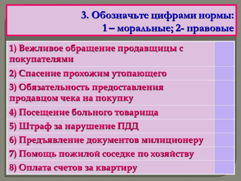 3. Обозначьте цифрами нормы 1 моральные; 2 правовые