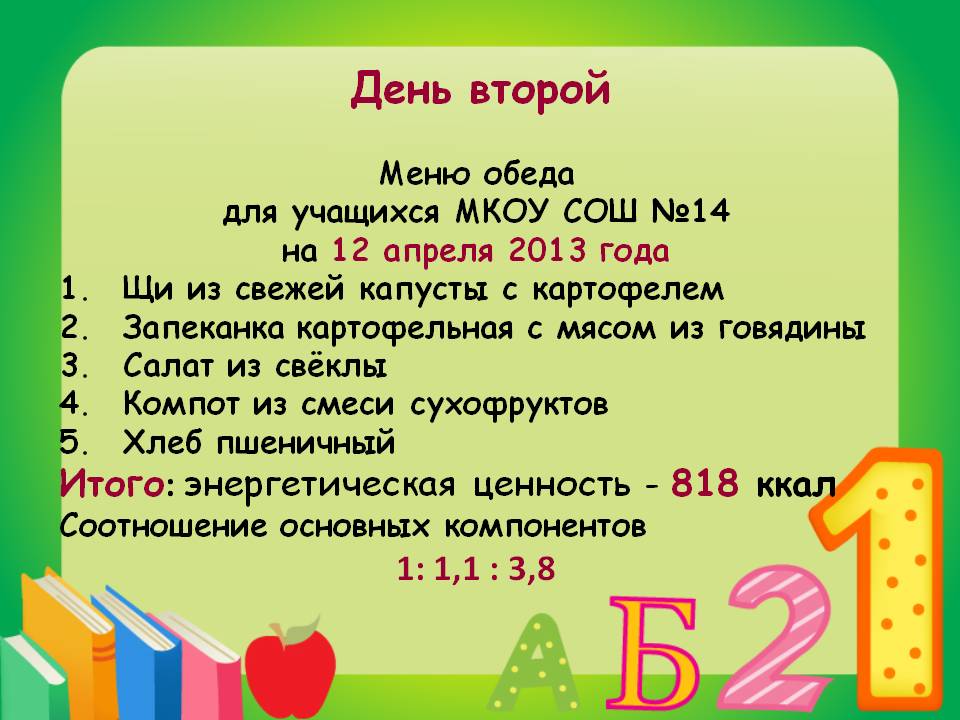 Меню обеда