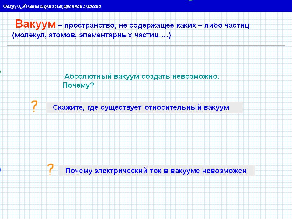 Вакуум – пространство, не содержащее каких – либо частиц