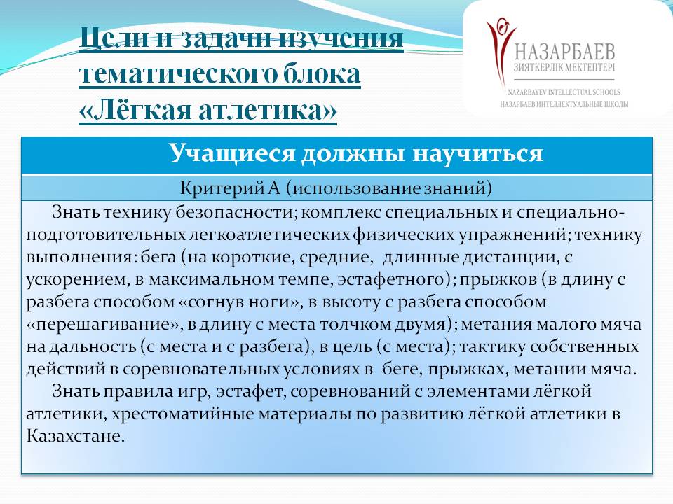 Цели и задачи изучения тематического блока «Лёгкая атлетика»