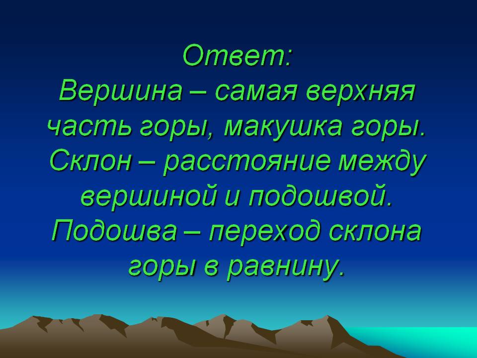 Вершина – самая верхняя часть горы, макушка горы