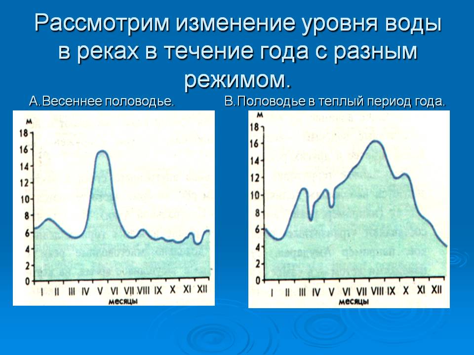 Рассмотрим изменение уровня воды в реках в течение года с разным