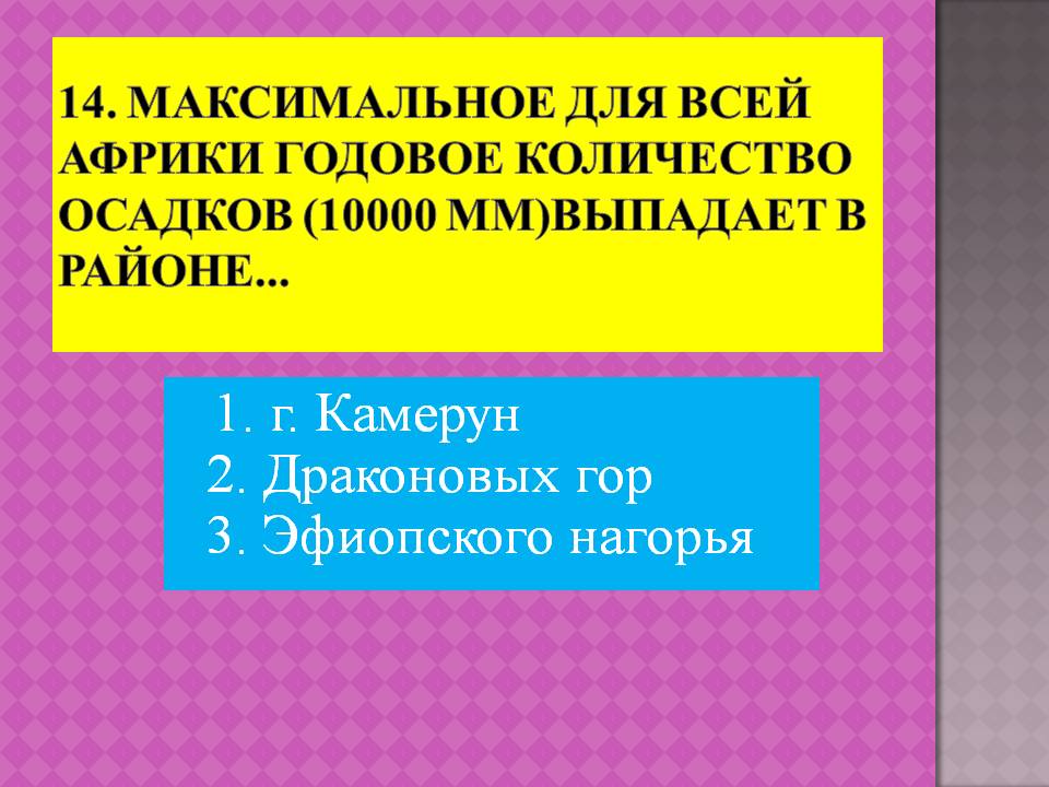 1. г. Камерун 2. Драконовых гор 3. Эфиопского нагорья