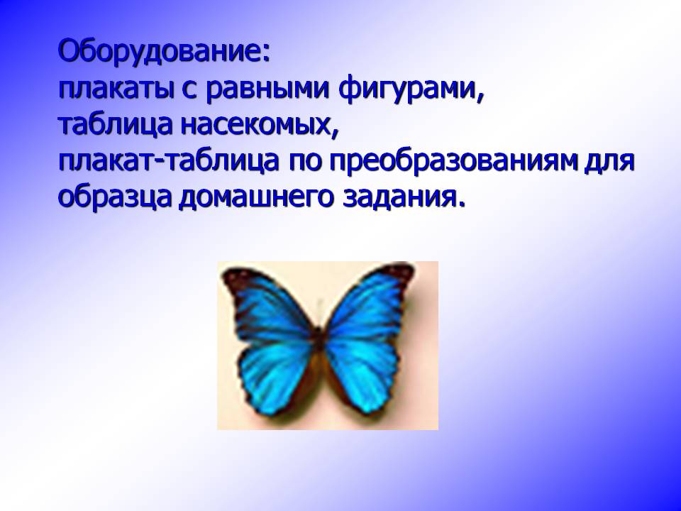 Оборудование: плакаты с равными фигурами, таблица насекомых,
