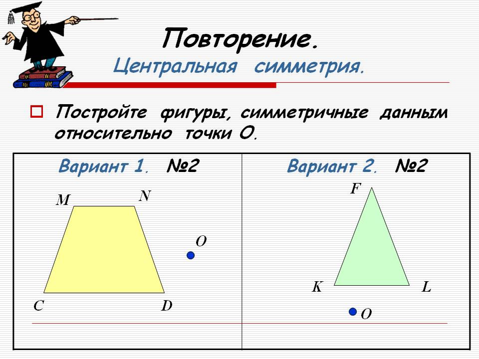 Постройте фигуры, симметричные данным относительно точки О