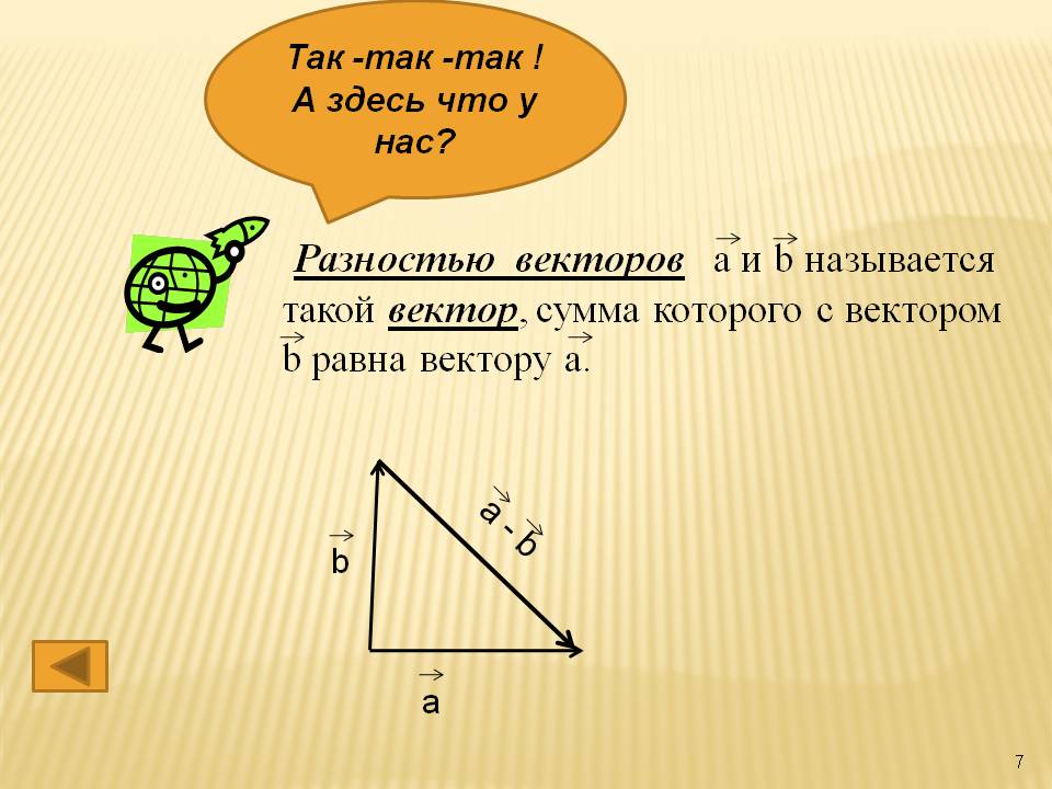 Разностью векторов a и b называется такой вектор, сумма которого с