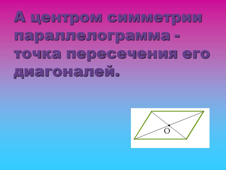 А центром симметрии параллелограмма - точка пересечения его диагоналей