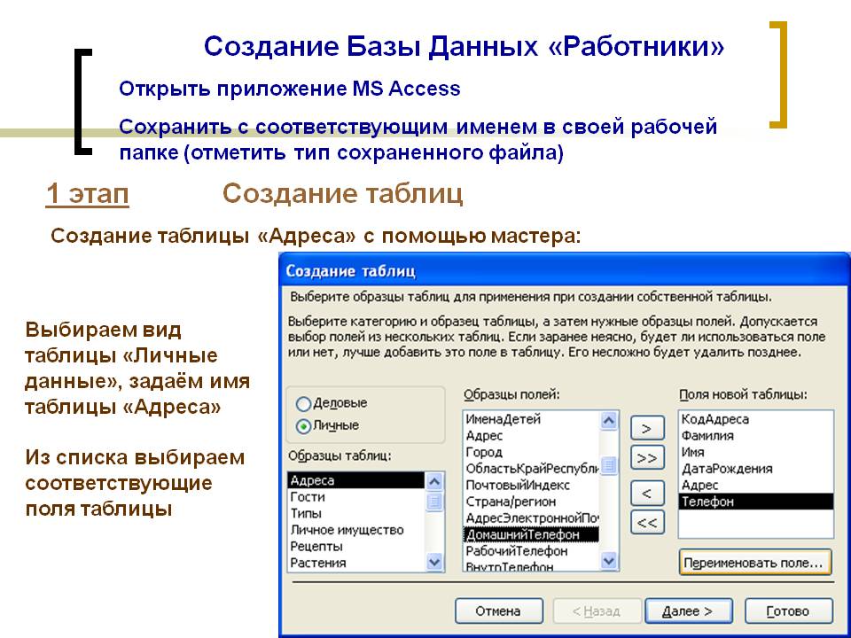 Создание Базы Данных «Работники» Открыть приложение MS Access
