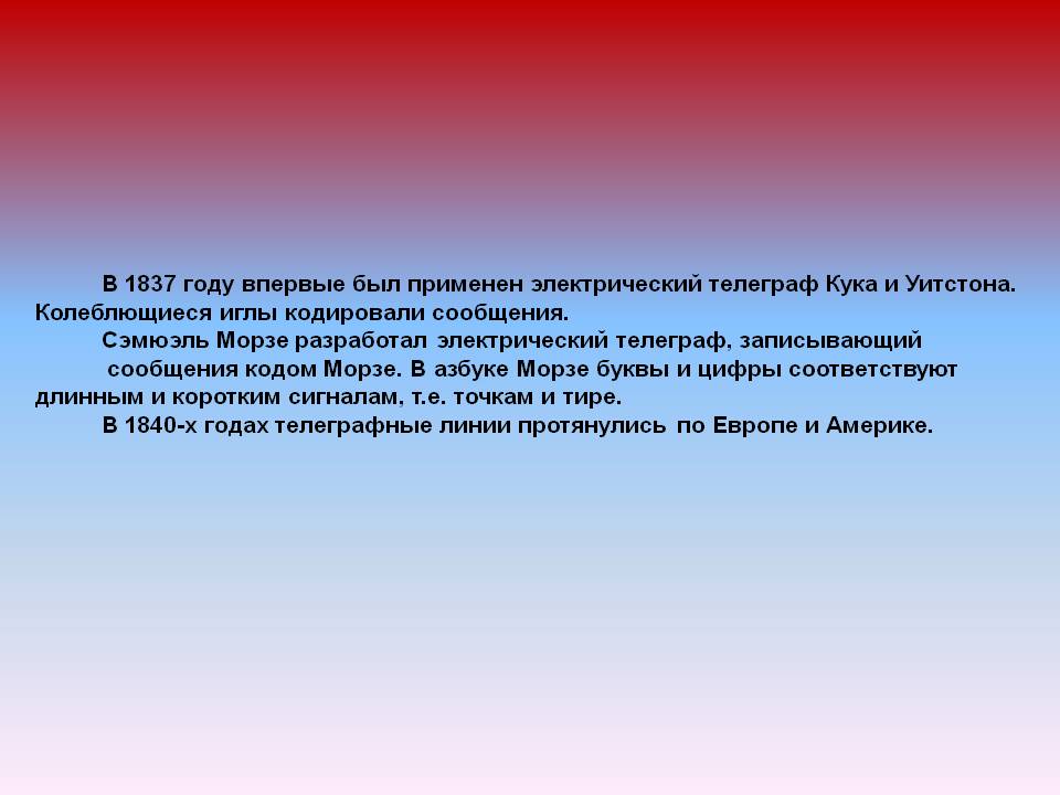 В 1837 году впервые был применен электрический телеграф Кука и