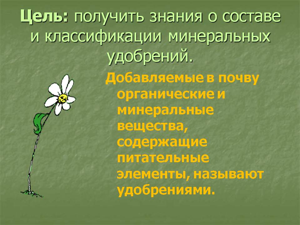 Цель: получить знания о составе и классификации минеральных удобрений
